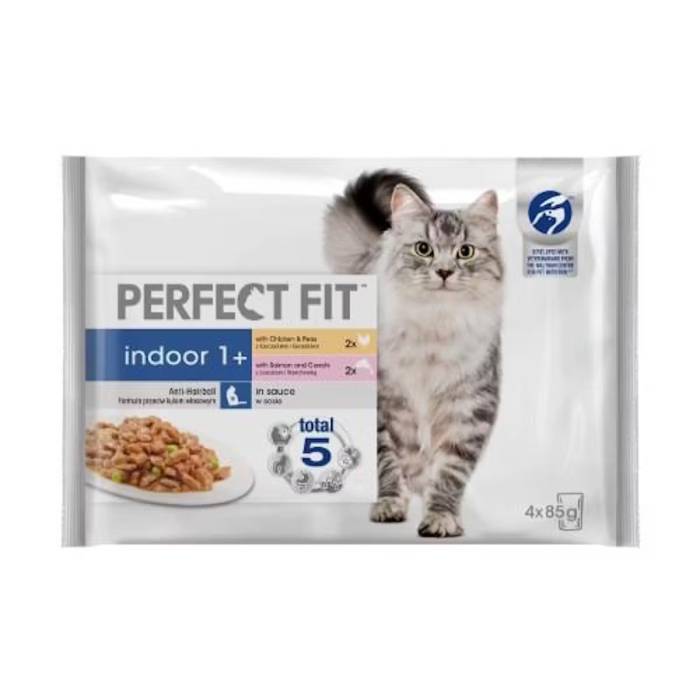 Perfect Fit drėgnas maistas katėms su vištiena ir žuvimi, 4 x 85 g