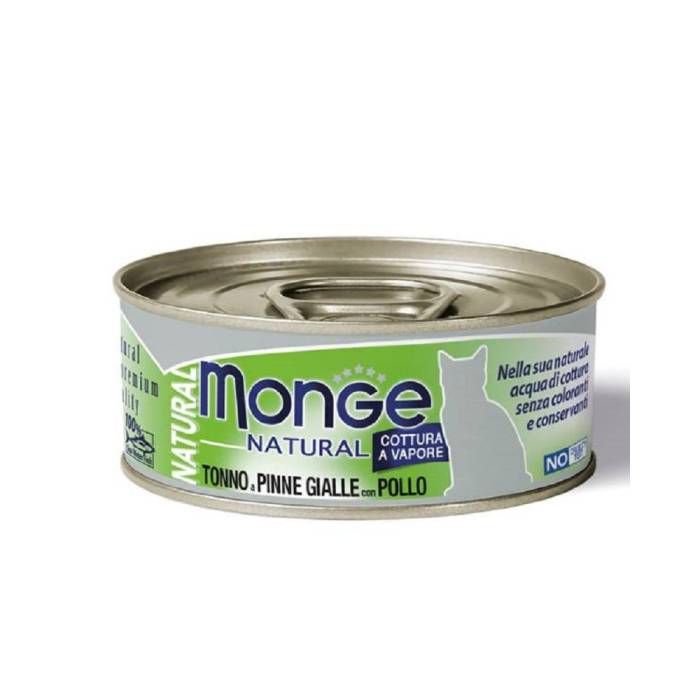 Monge Natural Wet Cat Cans drėgnas maistas katėms su gelsvapelekiais tunais ir vištiena, 80 g