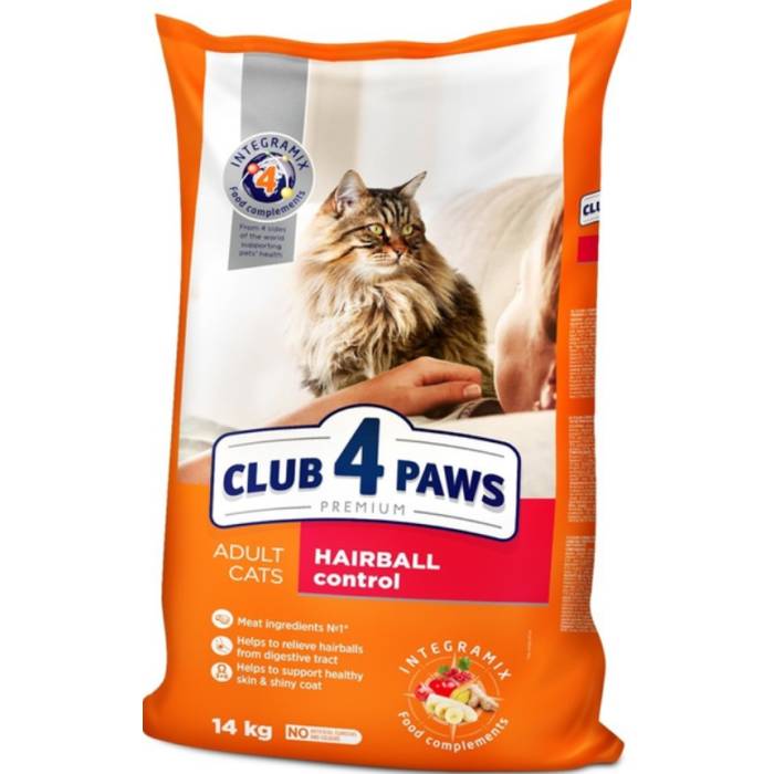 CLUB 4 PAWS Premium Visavertis pašaras suaugusioms katėms su sąvėlų pašalinimu iš virškinamojo trakto efektu, 14 kg