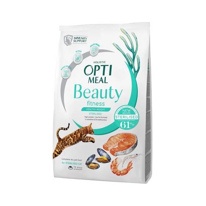 OPTIMEAL™ Beauty Fitness Sveikas svoris. Begrūdis visavertis pašaras visų veislių strilizuotoms katėms. Jūrinio maisto super formulė, 1,5 kg