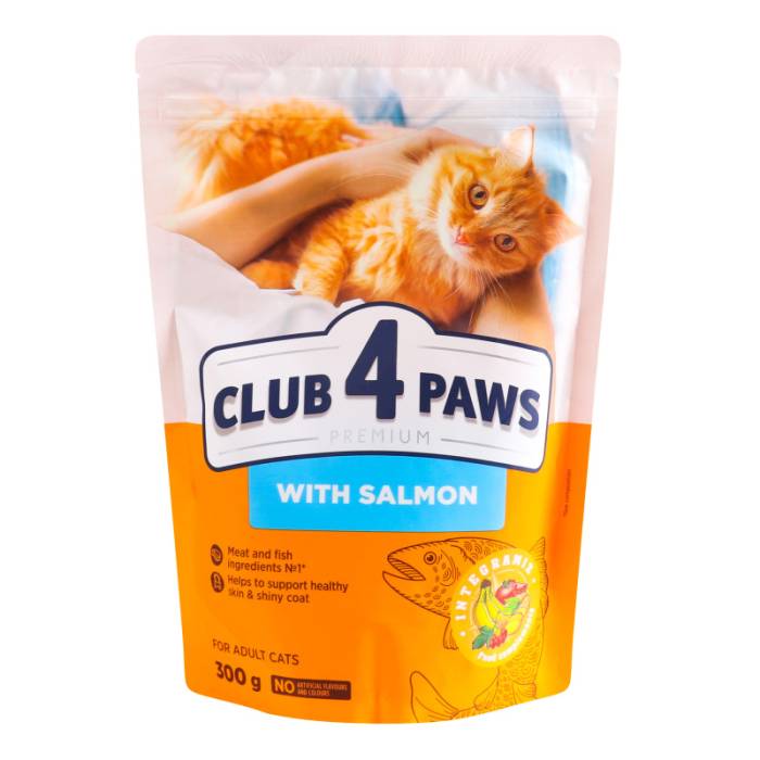 CLUB 4 PAWS Premium Visavertis pašaras suaugusioms katėms su lašiša, 0,3 kg