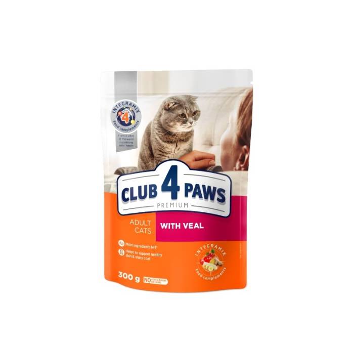 CLUB 4 PAWS Premium Visavertis pašaras suaugusioms katėms su veršiena, 0,3 kg