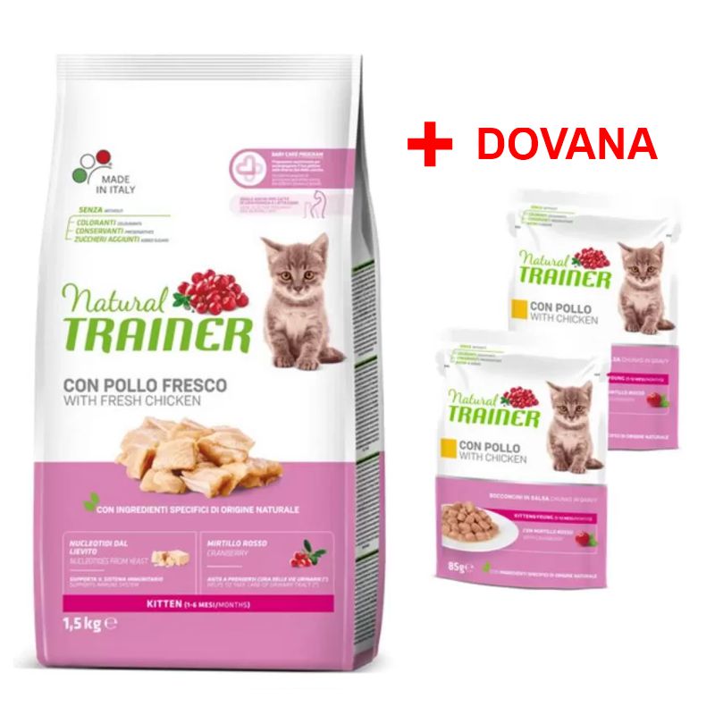 Trainer Natural Kitten Fresh Chicken sausas pašaras kačiukams, vištiena; 1.5kg+2x85g