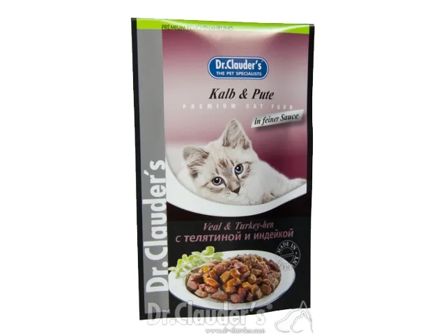 DR. CLAUDER'S drėgnas maistas katėms su veršiena ir kalakutiena drebučiuose  12x100g