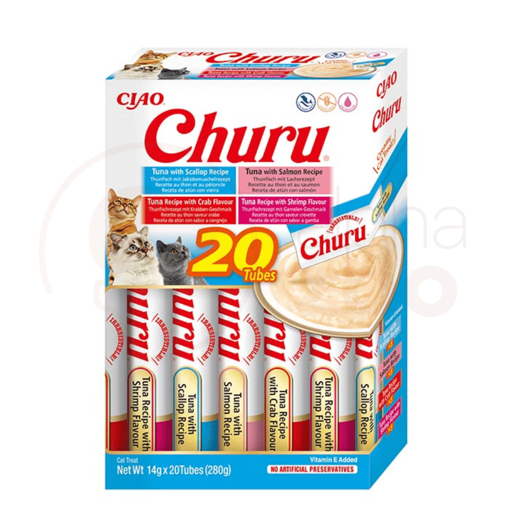 INABA Cat Churu Varieties Tuna Seafood kreminis skanėstas katėms dėžutėje, 20 vnt.