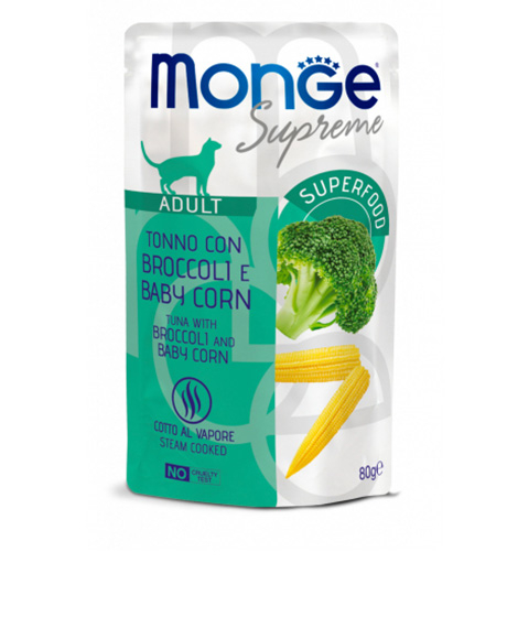 Monge Supreme Cat Wet Pouches drėgnas maistas katėms su tunu, brokoliu ir mažaisiais kukurūzais, 80 g
