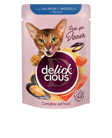 Delickcious konservai katėms su lašiša ir midijomis padaže, 85 g