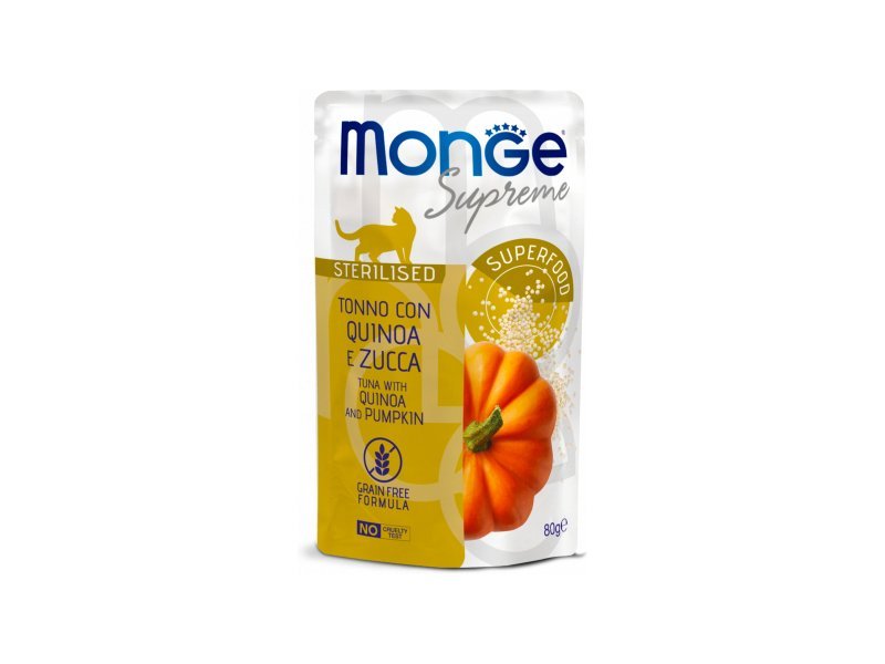 Monge SUPREME - Cat Wet Pouches tunas su kvinoja ir moliūgu - Sterilised 12x80g