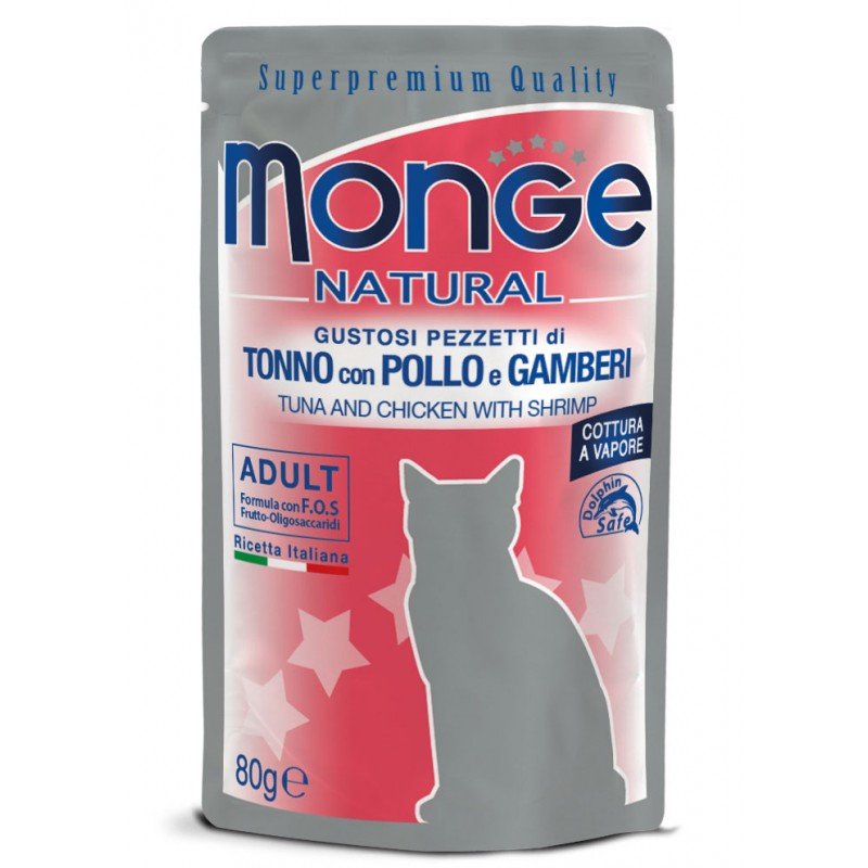 Monge Natural kons. pašaras suaugusioms katėms tuno ir vištienos kąsneliai su krevetėmis želėje 12x80g