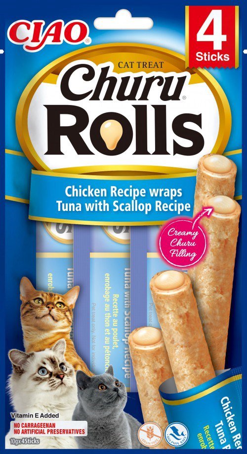 INABA Churu Rolls Chicken recipe wraps Tuna with scallop recipe - skanėstas katėms - 4x10 g