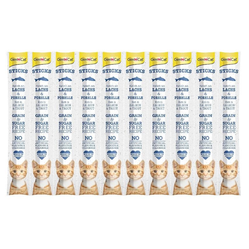 GimCat Sticks 10 Salmon & Trout skanėstas katėms begrūdės lazdelės, lašiša ir upėtakis; 10vnt