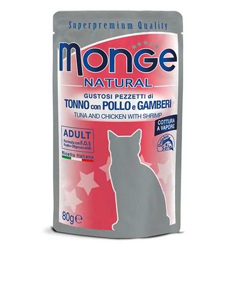 Monge Natural Wet Cat Pouches drėgnas maistas katėms su tunu, vištiena ir krevetėmis, 80 g