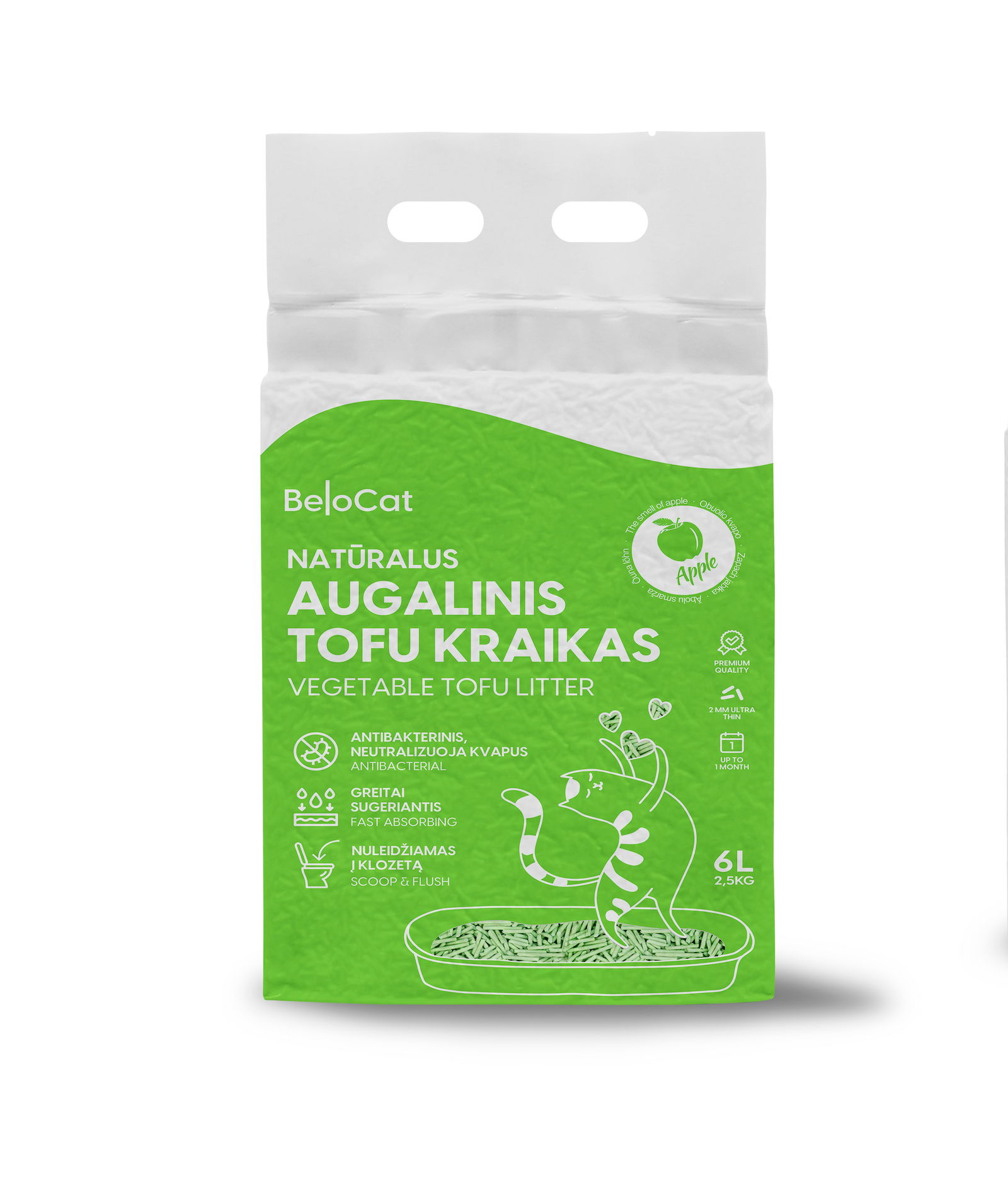 TOFU kraikas katėms BELOCAT, obuolio kvapo, 2 mm, 6 L,  2.5 kg