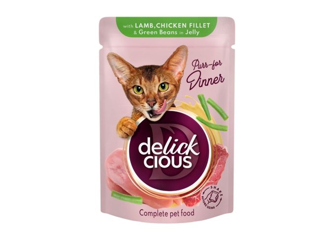 Delickcious konservai su ėriena vištiena ir žaliosiomis pupelėmis katėms 12x85g