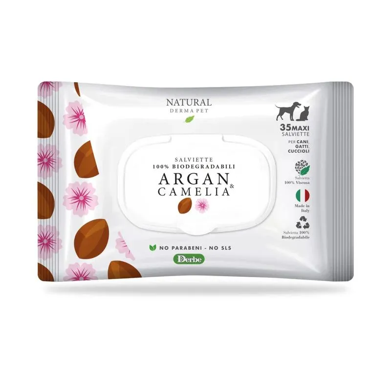 Natural Derma Pet Derbe Salviette Argan drėgnos servetėlės šunims ir katėms, argano ir kamelijų aliejus; 35vnt