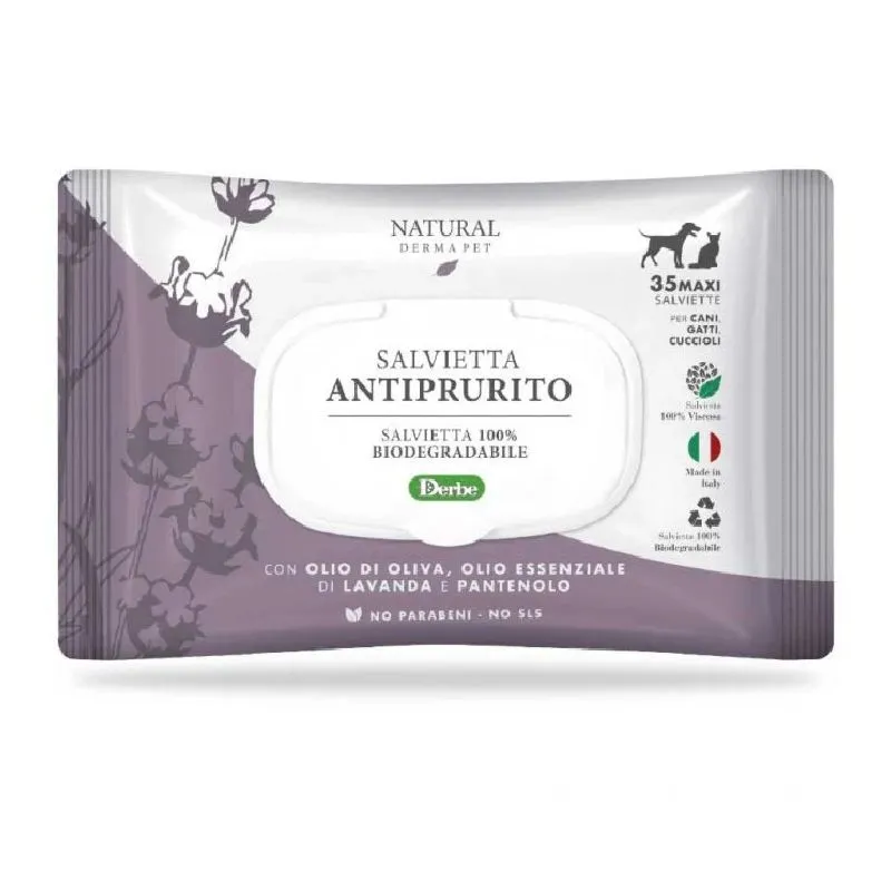 Natural Derma Pet Derbe Salviette Antiprurito drėgnos servetėlės šunims ir katėms, sumažina niežulį; 35vnt