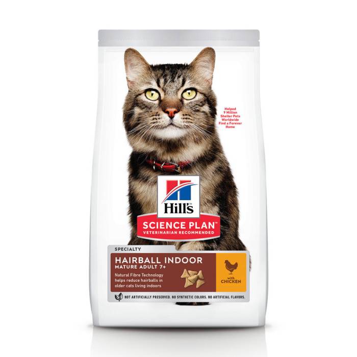 Hill's Science Plan Hairball Indoor Senior Adult 7+ Chicken sausas maistas vyresnio amžiaus katėms nuo plaukų kamuoliukų susidarymo, 1,5 kg