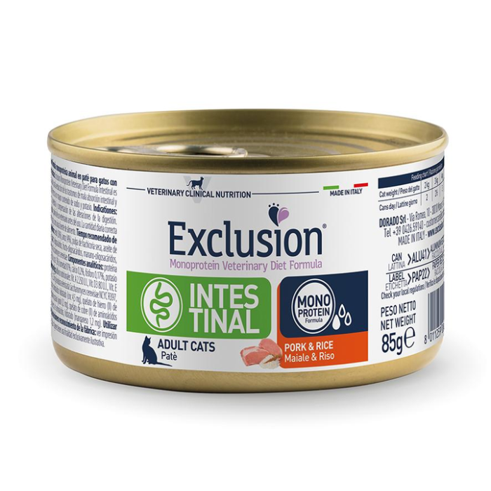 Exclusion Intestinal dietinis konservuotas maistas katėms su kiauliena ir ryžiais, 85 g