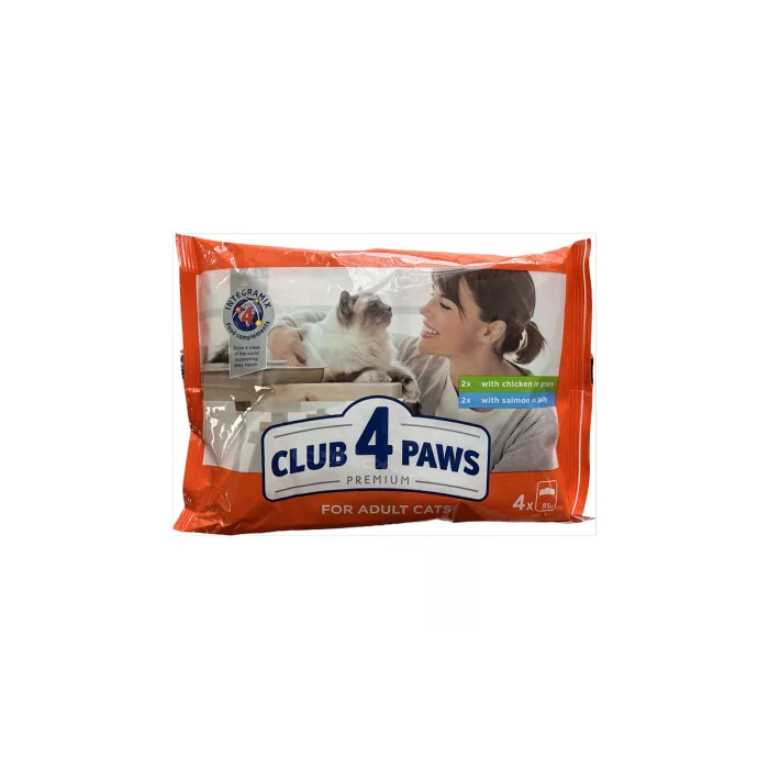 CLUB 4 PAWS Premium Visavertis konservuotas ėdalas suaugusioms katėms su vištiena padaže ir lašiša drebučiuose, 4 x 85 g