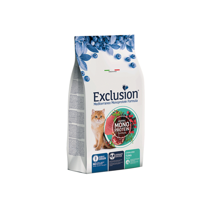 Exclusion Mono Protein Mediterraneo sausas maistas sterilizuotoms katėms su tunu, 300 g