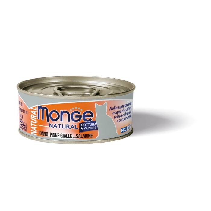 Monge Natural Wet Cat Cans drėgnas maistas katėms su gelsvapelekiais tunais ir lašiša, 80 g