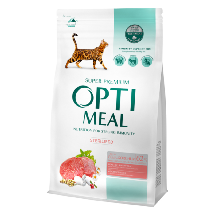 OPTIMEAL™ Visavertis pašaras sterilizuotoms katėms ir kastruotiems katinams - su dideliu kiekiu jautienos ir sorgo žolelėmis, 4 kg