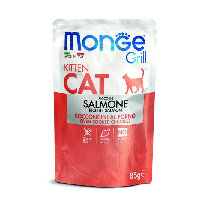 Monge Grill Cat Pouches drėgnas maistas kačiukams su lašiša, 85 g