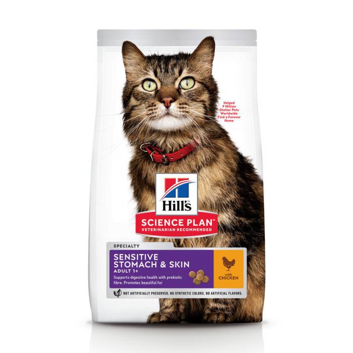 Hill's Science Plan Sensitive Stomach and Skin Adult Chicken sausas maistas katėms, virškinimo ir kailio būklės gerinimui, 1,5 kg