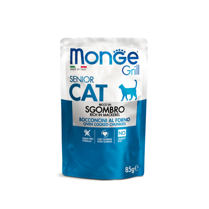 Monge Grill Cat Pouches drėgnas maistas sterilizuotoms katėms su skumbre, 85 g