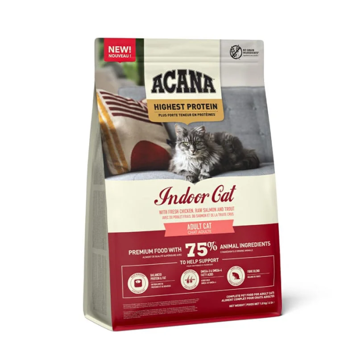 Acana Highest Protein Indoor Cat sausas begrūdis maistas namuose gyvenančioms katėms, 4,5 kg