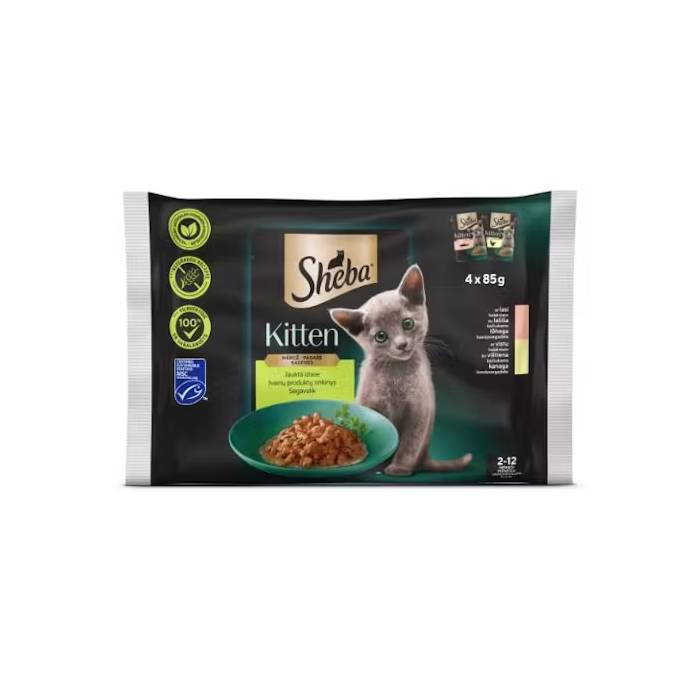 Sheba drėgnas maistas kačiukams, įvairių skonių padaže, 4 x 85 g