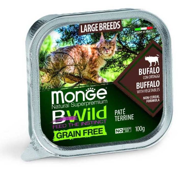 Monge BWILD Cat begrūdis drėgnas maistas didelių veislių katėms su buivoliena ir daržovėmis, 100 g