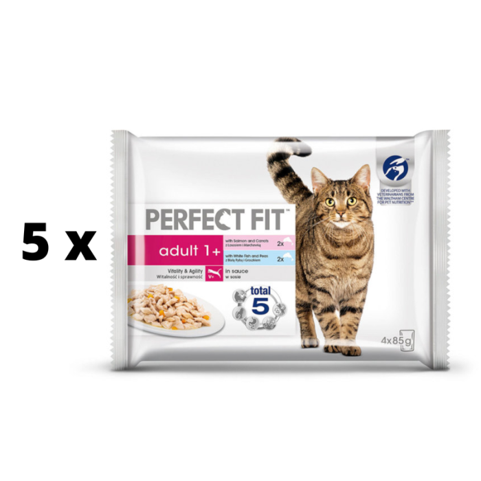 Konservuotas ėdalas PERFECT FIT suaugusioms katėms su lašiša/balta žuvimi, 4x85 g x 5 vnt. pakuotė