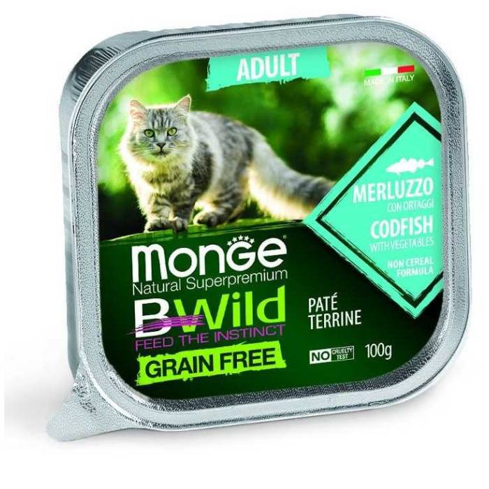 Monge BWILD Cat begrūdis drėgnas maistas katėms su menke ir daržovėmis, 100 g