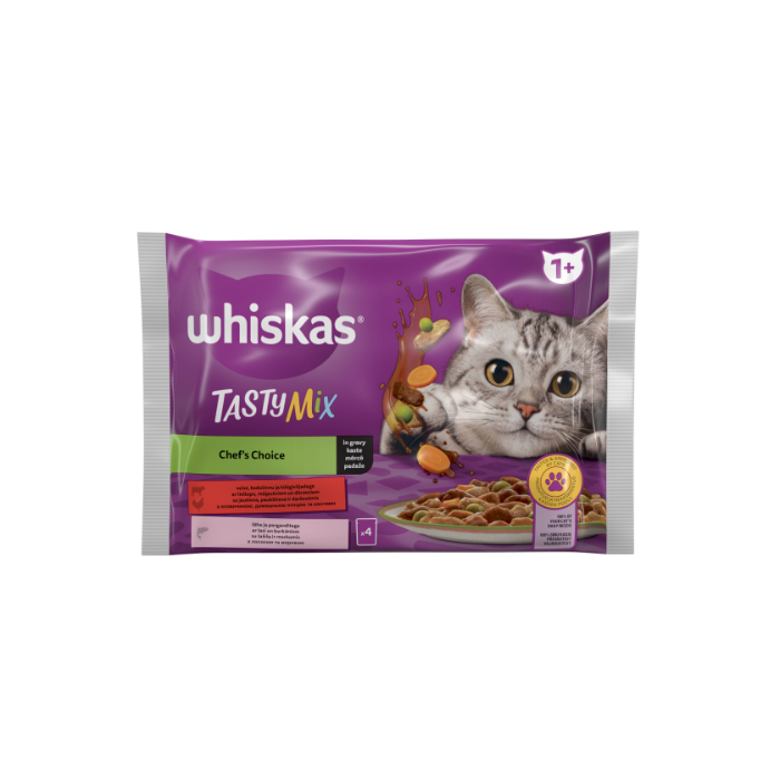Whiskas Tasty Mix drėgnas maistas katėms, mėsos ir žuvies su daržovėmis rinkinys, 4 x 85 g
