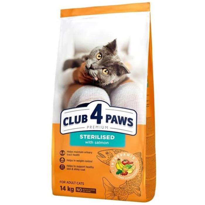 CLUB 4 PAWS Premium Visavertis pašaras suaugusioms sterilizuotoms katėms su lašiša, 14 kg