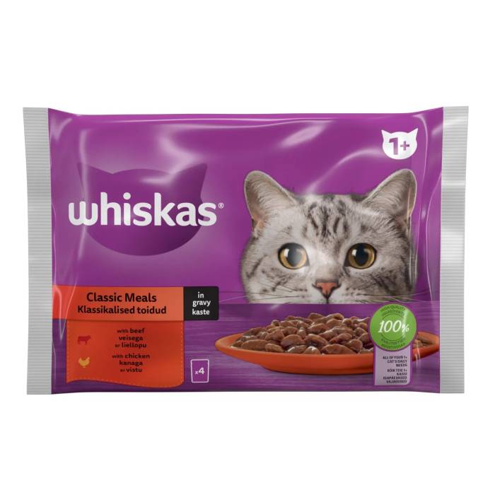 Whiskas Classic Meals drėgnas maistas suaugusioms katėms, mėsos rinkinys, 4 x 85 g