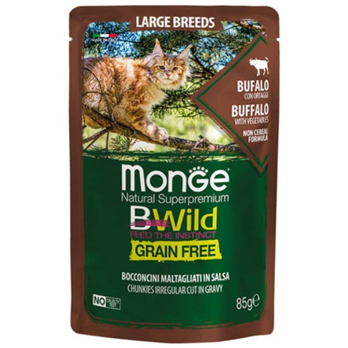 Monge BWILD Cat Pouches begrūdis drėgnas maistas didelių veislių katėms su buivoliena ir daržovėmis, 85 g