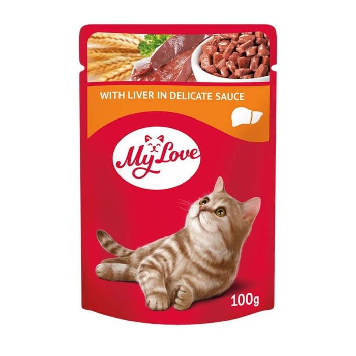 MY LOVE visavertis konservuotas ėdalas suaugusioms katėms su kepenėlėmis švelniame padaže, 100 g