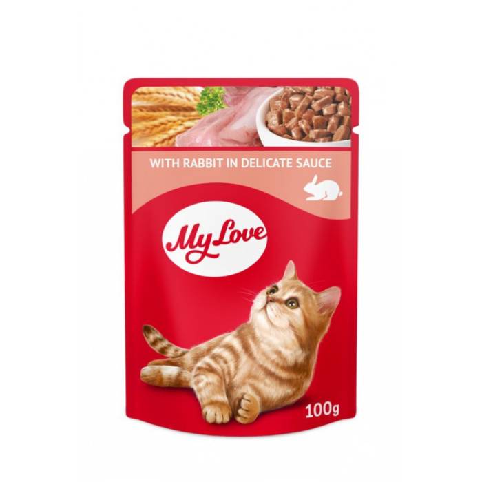 MY LOVE visavertis konservuotas ėdalas suaugusioms katėms su triušiena švelniame padaže, 100 g