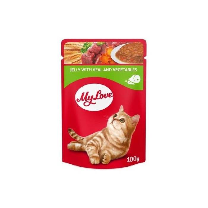 MY LOVE visavertis konservuotas ėdalas suaugusioms katėms veršiena ir daržovėmis drebučiuose, 100 g