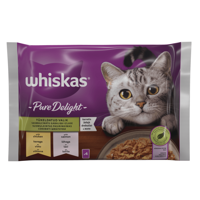 Whiskas Pure Delight drėgnas maistas suaugusioms katėms, vištienos ir lašišos rinkinys, 4 x 85 g