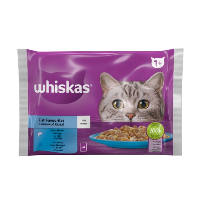 Whiskas Pure Delight drėgnas maistas suaugusioms katėms, lašišos ir tuno rinkinys, 4 x 85 g