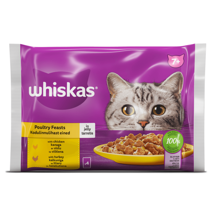 Whiskas drėgnas maistas vyresnio amžiaus katėms, su paukštiena,4 x 85 g