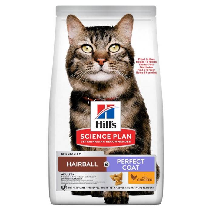 Hill's Science Plan Hairball - Perfect Coat Adult Chicken sausas maistas katėms nuo plaukų kamuolių susidarymo ir puoselėjantis kailį, 1,5 kg