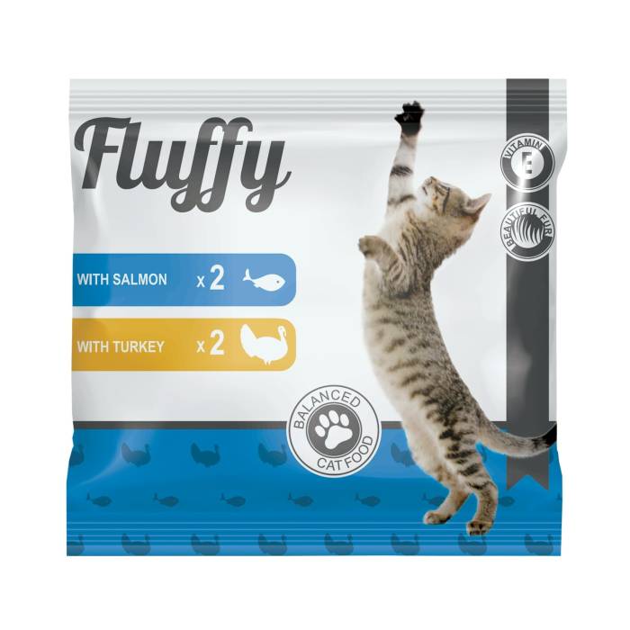 Fluffy drėgnas maistas katėms, 2 vnt. su lašiša, 2 vnt. su kalakutiena, 4 x 100 g