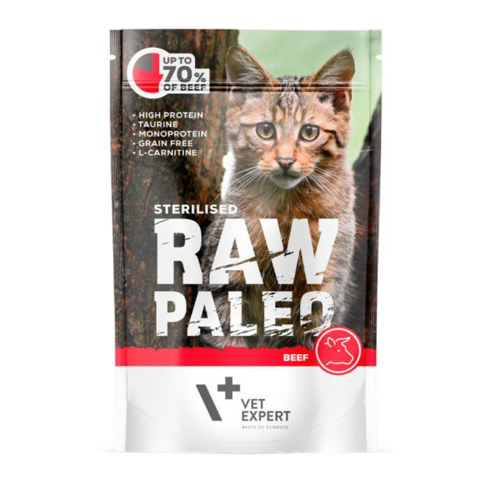 Raw Paleo Vet Expert Cat Sterilised drėgnas maistas sterilizuotoms katėms su jautiena, 100 g