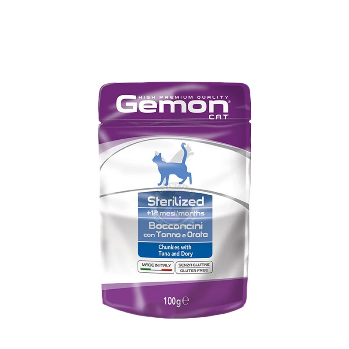 Gemon Wet Cat Pouches drėgnas maistas sterilizuotoms katėms su tunu ir doradomis, 100 g