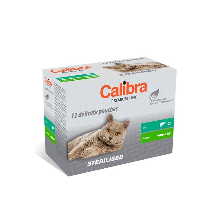 Calibra Pouch Premium Cat Sterilised Multipack drėgnas maistas sterilizuotoms katėms, 12 x 100 g