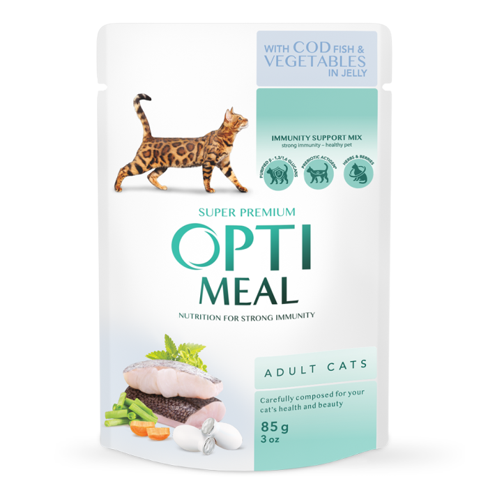 OPTIMEAL™ Visavertis konservuotas ėdalas suaugusioms katėms su menke ir daržovėmis drebučiuose, 85 g